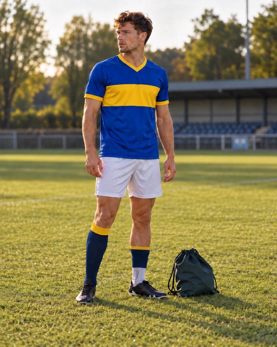 A footballer in a navy shirt with yellow trim, white shorts and navy socks, one sock cut to show a white grip sock beneath, standing on a pitch with black football boots and a dark green boot bag beside him.